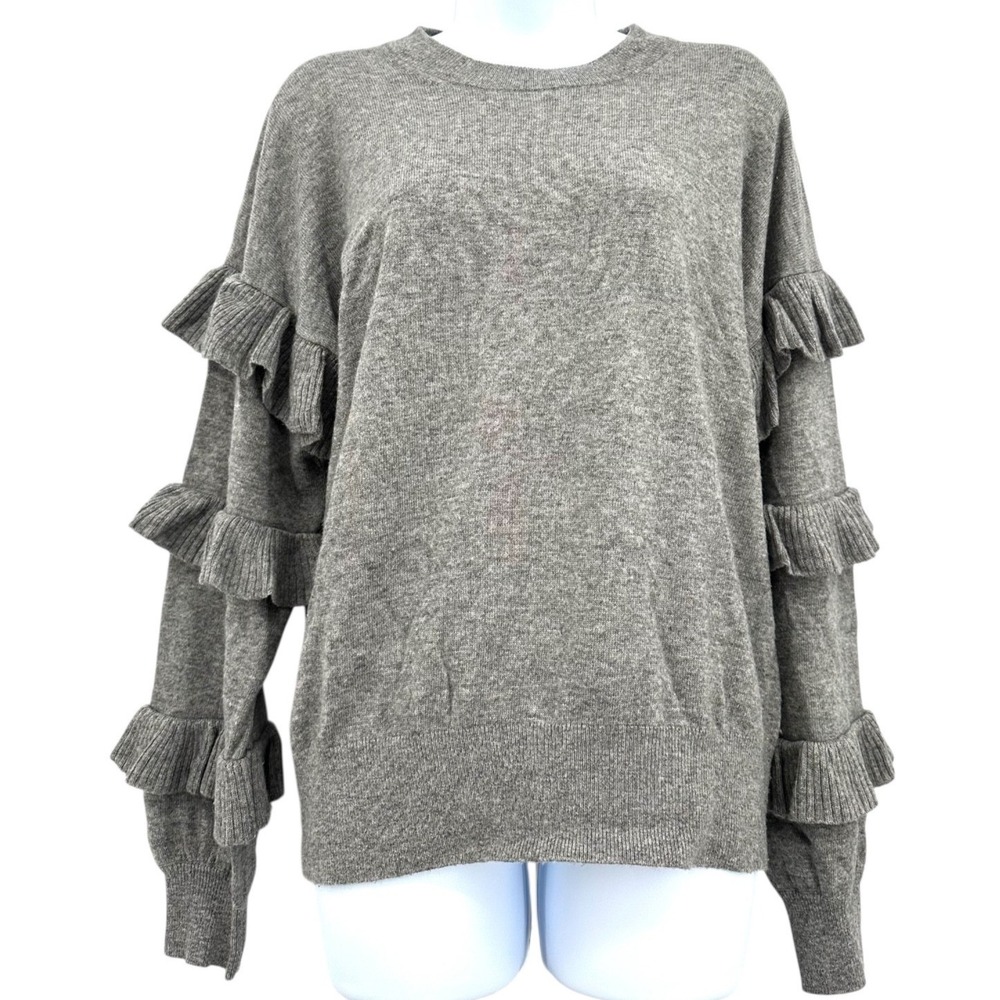 J.CREW Wool Blend Sweater Gray Tiered Ruffle Sleeve Crewneck Women's Medium